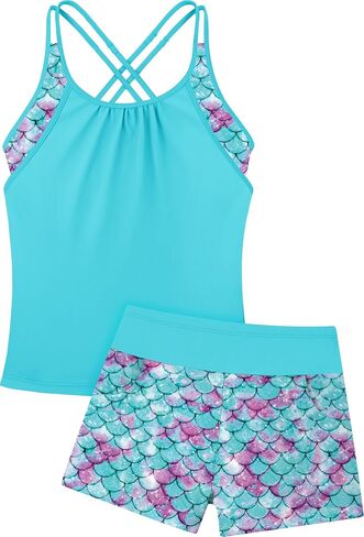 Girls Tankini Swimsuit Two Piece Cross Straps Back Bathing Suits with Pockets Shorts Kids Swimwear Sets 5-16 Years in Kuwait