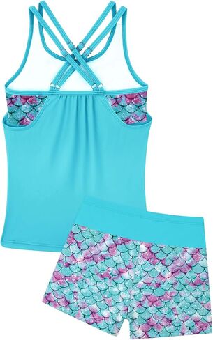 Girls Tankini Swimsuit Two Piece Cross Straps Back Bathing Suits with Pockets Shorts Kids Swimwear Sets 5-16 Years in Kuwait