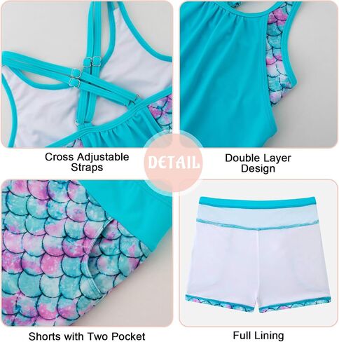 Girls Tankini Swimsuit Two Piece Cross Straps Back Bathing Suits with Pockets Shorts Kids Swimwear Sets 5-16 Years in Kuwait