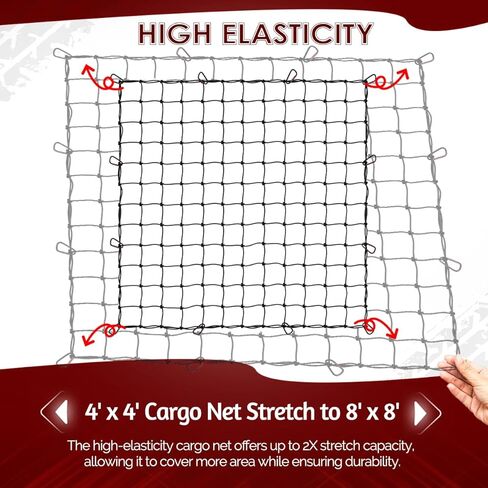DEEAGLE 4’ x4’ Bungee Cargo Net, Stretches to 8’ X 8’, Cargo Net for Pickup Truck Bed, Heavy Duty 4" X 4" Latex Bungee Net Mesh with 12 Metal Carabiners, Compatible with Dodge Ram, Ford, Toyota, Chevy in Kuwait