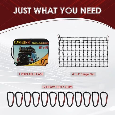 DEEAGLE 4’ x4’ Bungee Cargo Net, Stretches to 8’ X 8’, Cargo Net for Pickup Truck Bed, Heavy Duty 4" X 4" Latex Bungee Net Mesh with 12 Metal Carabiners, Compatible with Dodge Ram, Ford, Toyota, Chevy in Kuwait