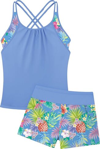 Girls Tankini Swimsuit Two Piece Cross Straps Back Bathing Suits with Pockets Shorts Kids Swimwear Sets 5-16 Years in Kuwait