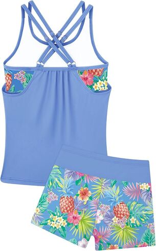 Girls Tankini Swimsuit Two Piece Cross Straps Back Bathing Suits with Pockets Shorts Kids Swimwear Sets 5-16 Years in Kuwait