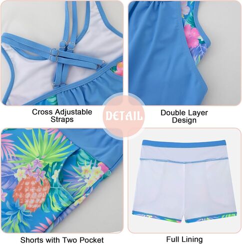 Girls Tankini Swimsuit Two Piece Cross Straps Back Bathing Suits with Pockets Shorts Kids Swimwear Sets 5-16 Years in Kuwait