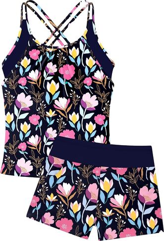 Girls Tankini Swimsuit Two Piece Cross Straps Back Bathing Suits with Pockets Shorts Kids Swimwear Sets 5-16 Years in Kuwait