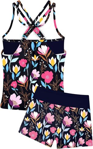 Girls Tankini Swimsuit Two Piece Cross Straps Back Bathing Suits with Pockets Shorts Kids Swimwear Sets 5-16 Years in Kuwait