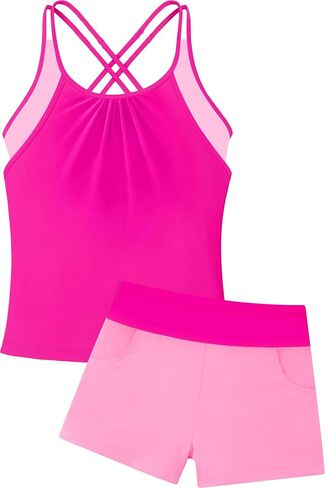 Girls Tankini Swimsuit Two Piece Cross Straps Back Bathing Suits with Pockets Shorts Kids Swimwear Sets 5-16 Years in Kuwait