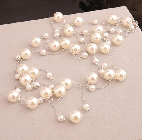 Pearl Layered Strand Necklaces for Women Dainty Fashion Long Imitation Pearls Beads Multiple Strands Chain Layer Choker Necklace Elegant Statement Charm Winter Sweater Vintage Wedding Party Costume Jewelry Gifts in Kuwait
