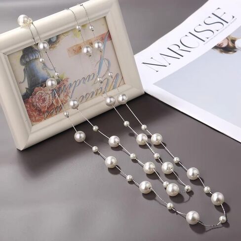 Pearl Layered Strand Necklaces for Women Dainty Fashion Long Imitation Pearls Beads Multiple Strands Chain Layer Choker Necklace Elegant Statement Charm Winter Sweater Vintage Wedding Party Costume Jewelry Gifts in Kuwait