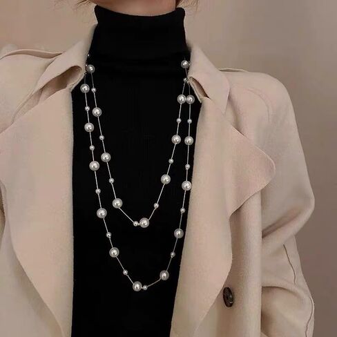 Pearl Layered Strand Necklaces for Women Dainty Fashion Long Imitation Pearls Beads Multiple Strands Chain Layer Choker Necklace Elegant Statement Charm Winter Sweater Vintage Wedding Party Costume Jewelry Gifts in Kuwait