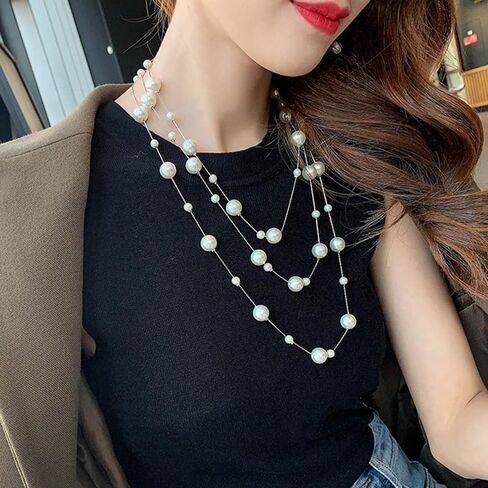 Pearl Layered Strand Necklaces for Women Dainty Fashion Long Imitation Pearls Beads Multiple Strands Chain Layer Choker Necklace Elegant Statement Charm Winter Sweater Vintage Wedding Party Costume Jewelry Gifts in Kuwait