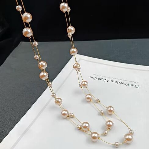 Pearl Layered Strand Necklaces for Women Dainty Fashion Long Imitation Pearls Beads Multiple Strands Chain Layer Choker Necklace Elegant Statement Charm Winter Sweater Vintage Wedding Party Costume Jewelry Gifts in Kuwait