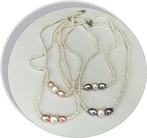 Epic Freshwater Pearl Chain Necklace - 3mm Pearls, 7mm Pink & Purple Rice Beads, 8mm Large Pearls - Trendy Women's String Necklace in Kuwait