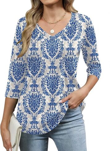 Romanstii Shirts for Women 2025 Summer 3/4 Length Sleeve Womens Tops Dressy Casual Pleated Blouses V Neck Tee Shirts S-3XL in Saudi Arabia