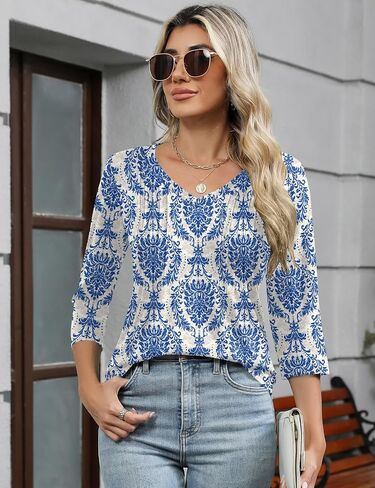 Romanstii Shirts for Women 2025 Summer 3/4 Length Sleeve Womens Tops Dressy Casual Pleated Blouses V Neck Tee Shirts S-3XL in Saudi Arabia