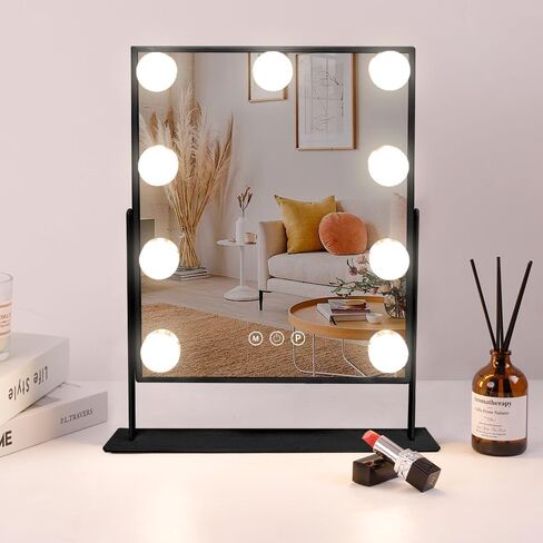 COOLJEEN Vanity Mirror with Lights, 9 Led Bulbs Lighted Makeup Mirror with Detachable 10X Magnification Mirror, Hollywood Mirror 3 Color Lights Tabletop Makeup Mirror, 360°Rotation in Saudi Arabia