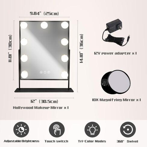 COOLJEEN Vanity Mirror with Lights, 9 Led Bulbs Lighted Makeup Mirror with Detachable 10X Magnification Mirror, Hollywood Mirror 3 Color Lights Tabletop Makeup Mirror, 360°Rotation in Saudi Arabia