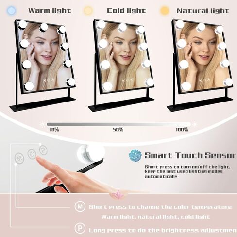 COOLJEEN Vanity Mirror with Lights, 9 Led Bulbs Lighted Makeup Mirror with Detachable 10X Magnification Mirror, Hollywood Mirror 3 Color Lights Tabletop Makeup Mirror, 360°Rotation in Saudi Arabia