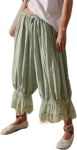 UAURORAO Women Lace Trim Long Bloomers Elastic Mid Rise Ruffle Pantaloons Cropped Flared Slips Pants Pajama Bottoms in Kuwait