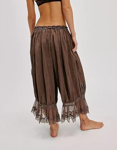 UAURORAO Women Lace Trim Long Bloomers Elastic Mid Rise Ruffle Pantaloons Cropped Flared Slips Pants Pajama Bottoms in Kuwait