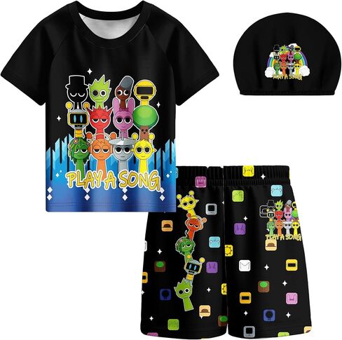 Boys Swimwear 3Pcs Sets Kids Music Game Tee Swimsuit with Swimming Cap for 5-12Y Adventure Child Clothes in Saudi Arabia