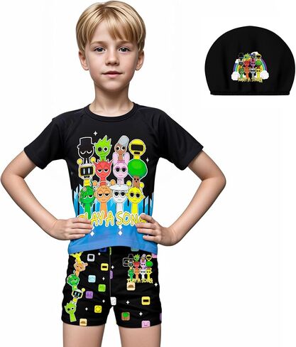Boys Swimwear 3Pcs Sets Kids Music Game Tee Swimsuit with Swimming Cap for 5-12Y Adventure Child Clothes in Saudi Arabia