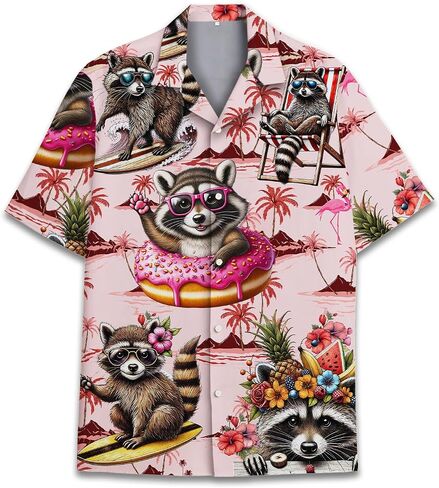 Mens Hawaiian Shirt, Tropical Raccoon Hawaiian Shirt Casual Button Down Holiday Beach Summer Short Sleeve Shirt in Saudi Arabia