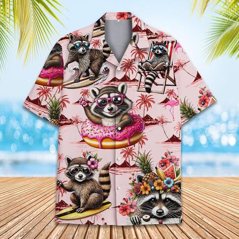 Mens Hawaiian Shirt, Tropical Raccoon Hawaiian Shirt Casual Button Down Holiday Beach Summer Short Sleeve Shirt in Saudi Arabia