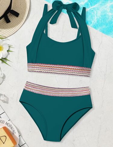Girls Swimsuit 2 Piece Color Block Halterneck Bikini Sets with Adjustable Straps High Waist Girls Bathing Suits 9-16Y in Kuwait