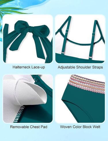 Girls Swimsuit 2 Piece Color Block Halterneck Bikini Sets with Adjustable Straps High Waist Girls Bathing Suits 9-16Y in Kuwait