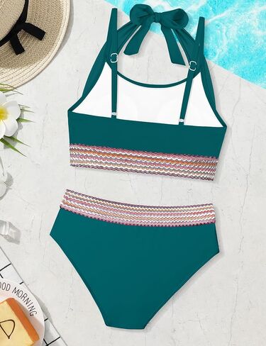 Girls Swimsuit 2 Piece Color Block Halterneck Bikini Sets with Adjustable Straps High Waist Girls Bathing Suits 9-16Y in Kuwait