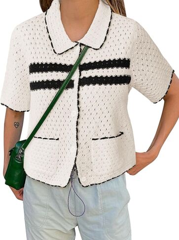 Yousify Womens مخططة مخطط قصير الأكمام سترة غير رسمية زر التريكو أسفل الكروشيه Cardigan عتيقة y2k جوفاء الخروج قمم in Saudi Arabia