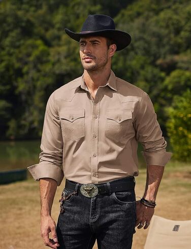 COOFANDY Men's Western Cowboy Shirts Long Sleeve Cotton Casual Button Down Work Shirt with Pockets in Saudi Arabia