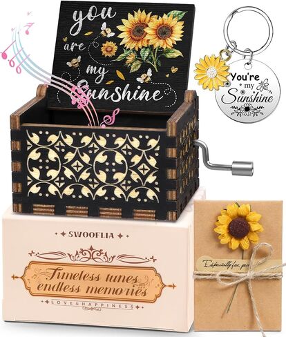 Swooflia You are My Sunshine Wooden Music Box for Mom with Sunflower Greeting Card - Hand Crank Engraved Musical Box Vintage Mechanism Personalized Gifts for Women On Birthday in Kuwait