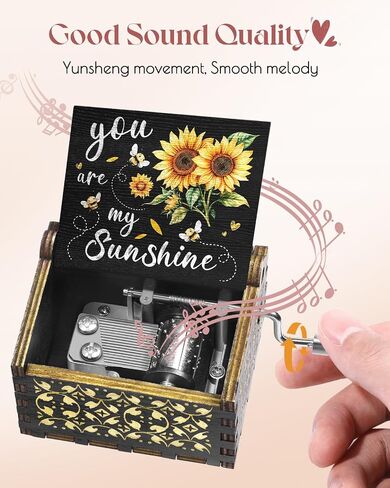 Swooflia You are My Sunshine Wooden Music Box for Mom with Sunflower Greeting Card - Hand Crank Engraved Musical Box Vintage Mechanism Personalized Gifts for Women On Birthday in Kuwait