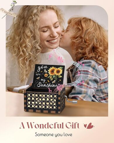 Swooflia You are My Sunshine Wooden Music Box for Mom with Sunflower Greeting Card - Hand Crank Engraved Musical Box Vintage Mechanism Personalized Gifts for Women On Birthday in Kuwait