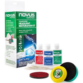 NOVUS Clear in Five Headlight Restoration Kit, Restoration for Car Headlights, 2 Ounce 1, 2, and #3 Bottles, Buffing Pad, Backing Pad Drill Attachment, 1,000 Grit Sanding Disk, 3 Polish Mates