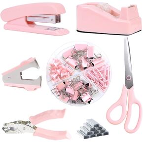 Pink Office Supplies and Accessories, Stapler and Tape Dispenser Set, Including Stapler, Tape Dispenser, Hole Punch, Staples, Binder Set, Scissors, Tape, Ruler, Note, Best Gift for Friends