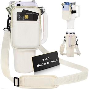 Water Bottle Carrier Bag with Pouch Pocket for Stanley Cup 40 Oz Tumbler, Neoprene Cup Carrier Holder Water Bottle Holder Pouch with Adjustable Strap & Carabiner for Stanley Cup Accessories