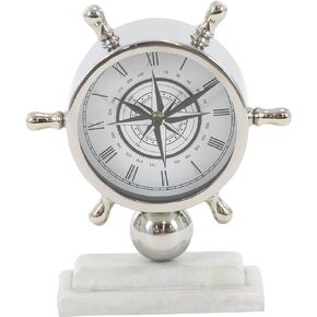 Deco 79 Stainless Steel Ship Wheel Clock with Marble Base, 9" x 3" x 8", Silver
