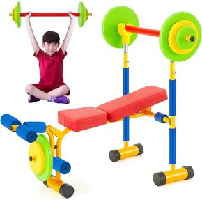 Kids Weight Bench Set Fitness Exercise Equipment for Kids Toddler Adjustable Sports Exercise Equipment with Weights Foam Tray and Bar for Beginners Children Toddler Indoor Outdoor Sport