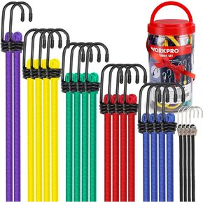 WORKPRO Bungee Cords Heavy Duty Outdoor - 22 PCS in Storage Jar Includes 10", 18", 24", 30", 36", 48" Bungie Cord Bundle Assortment with Metal Hook
