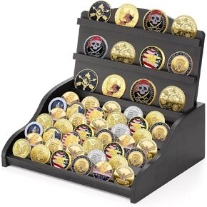 Jucoan 10 Rows Wood Military Challenge Coins Display Stand Holds 50-60 Military Medals Army Police Challenge Coin, Military Coin Display Case Rack for Collectors, Army Retirement, Veterans Day
