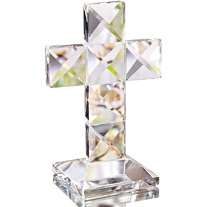 QFkris Crystal Cross Traditional Standing Cross On Base Clear 5'' Tall Glass Tabletop Cross Figurine Christian Decor