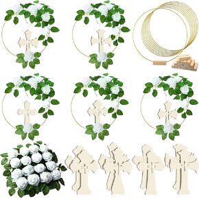 LEIFIDE 40 Pcs Standing Wooden Cross Baptism Decoration First Communion Gold Floral Hoop Metal Wreath with Stand 8 Pcs Wooden Cross with Base 24 Pcs Fake Roses with Stems for Wedding Decor (Tan)