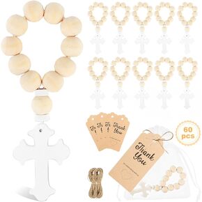 60 Pieces Baptism Favors include wooden Rosary, Thank You Cards, and White Mesh Bags for Baptism Decorations Baby Shower Favors First Communion Gifts for Girls Boys