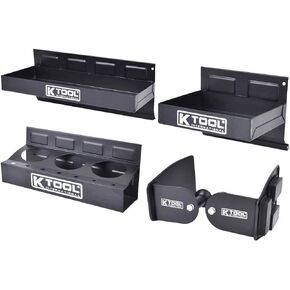 K Tool International 72462A Magnetic Toolbox Shelf, Tray, and Holder Set for Garages, Repair Shops, and DIY, Rubber Coated Magnets, (2) Trays, (1) Paper Towel and Spray Can Holders, Black, 4-Piece