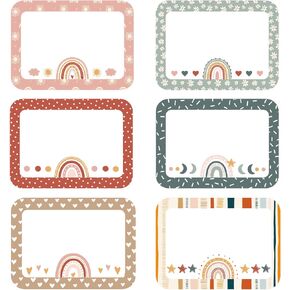 Whaline 144Pcs Boho Rainbow Name Tag Stickers Back to School Self-Adhesive Students Name Tags Desk Labels 6 Style Multipurpose Name Plates for School Boho Rainbow Classroom Decor, 3.5 x 2.6 Inch