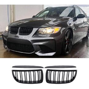 Front Grille Compatible with 2005-2008 BMW 3 series E90 320i 325i 325xi 330i 323i 328i 328xi 335i 335xi,Double Slats Grill Gloss Black With M Color