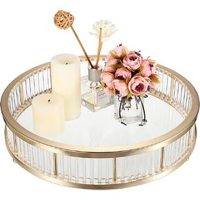 Hipiwe Gold Metal Perfume Tray - 12" Round Vanity Makeup Tray Jewelry Trinket Organizer Tray Coffee Table Decorative Tray Dresser Bathroom Tray with Acrylic Column Decor and Clear Glass Base